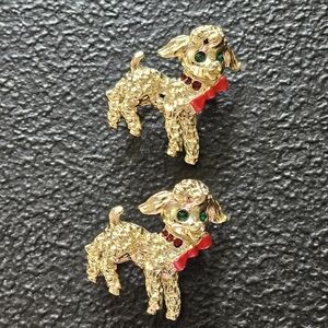 Pair Vintage 1960s Poodle Scatter Pins Gold Tone Green Rhinestone Eye Red Enamel